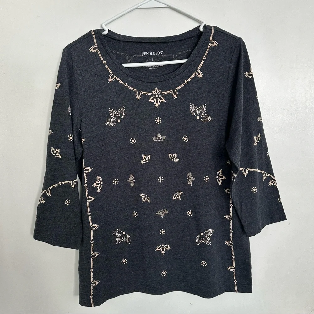Pendleton Gray Boxy Top with‎ Three-Quarter Sleeves and Floral Embellishments